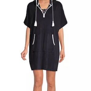 Lands' End Hooded Terry V-neck Swim Cover-Up Sz S/M Black NWOT